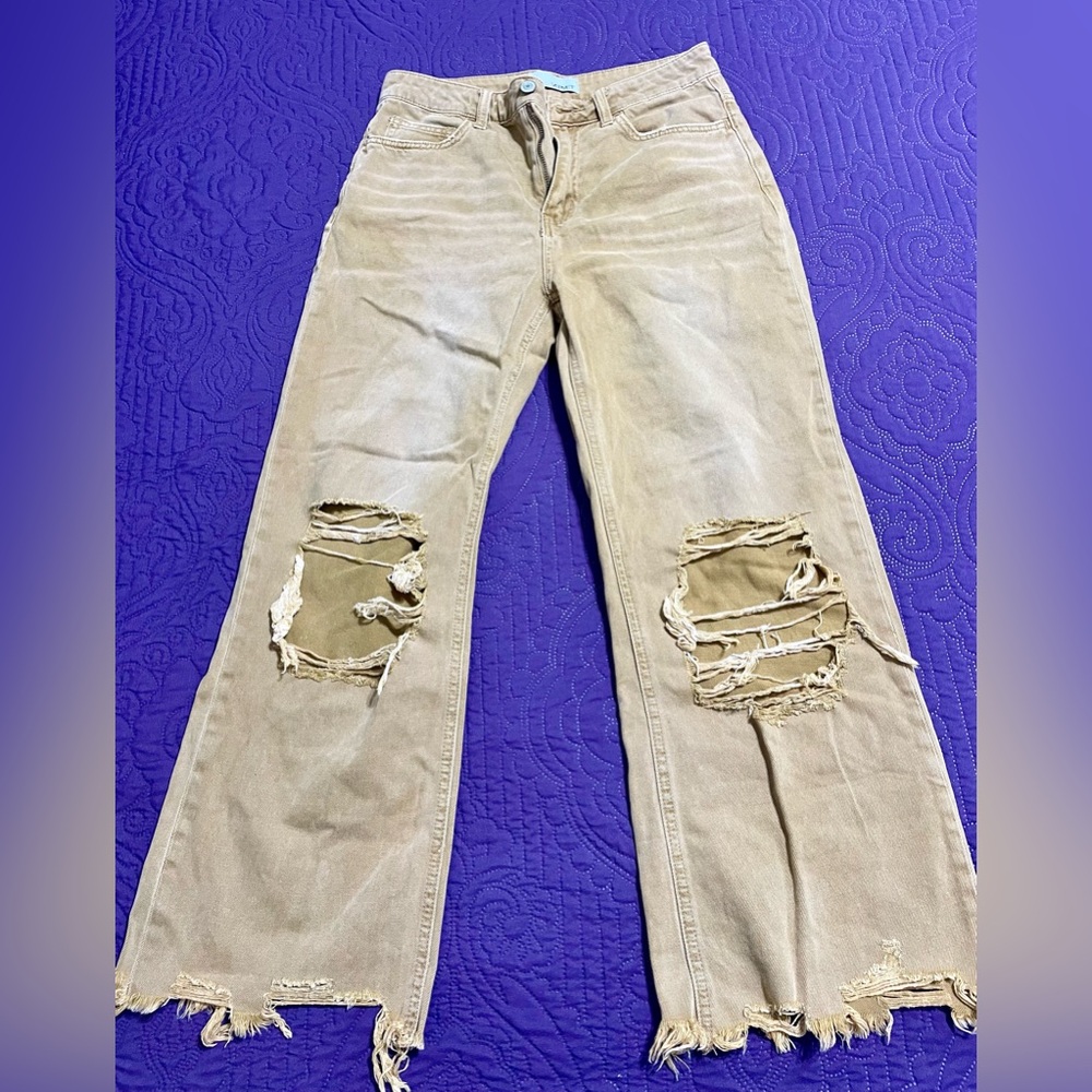 Vervet Jeans Womens 27 Tan Flare High Rise 90s Vintage Crop Distressed Rigid